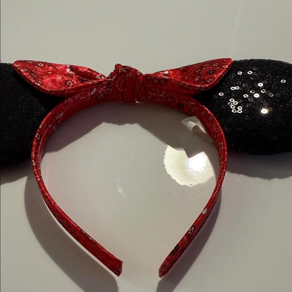 Disney Black Sequin Minnie Ears Headband with Red Bandana Bow